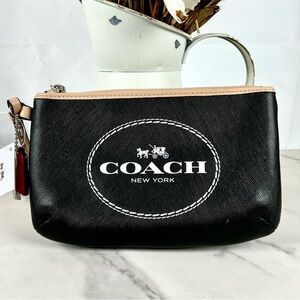 New Coach Horse And Carriage Black Leather Wristlet Bag Tan Trim Wallet‎